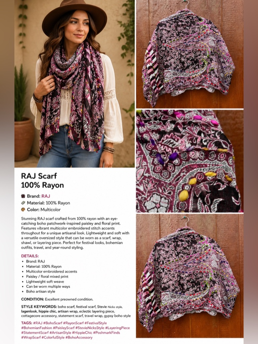 RAJ 100% Rayon Boho Embroidered Scarf Wrap Shawl Multicolor Paisley Floral
